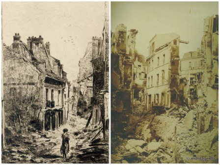 À gauche, "rue de l'Eglise", François Pierdon (1821-1904), Eau-forte / À droite "Désastres de la guerre. Saint-Cloud incendié après l'armistice, Jean Andrieu (1816-1874), photographie © Musée des Avelines 
