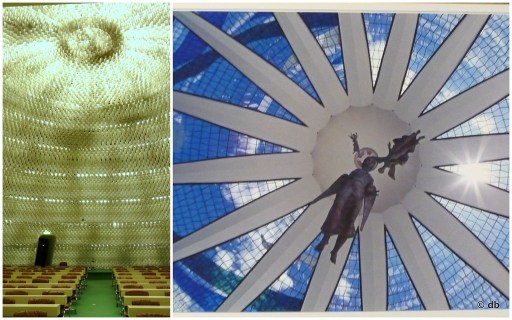 De gauche à droite : la salle du comité central © db / Sous la coupole de la cathédrale de Brasilia © Fabio Colombini