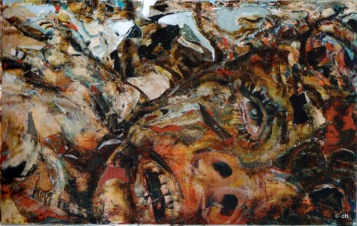 Coskun, "Le Petit chaperon rouge final", détail, technique mixte sur contreplaqué métallique, 2012 © db