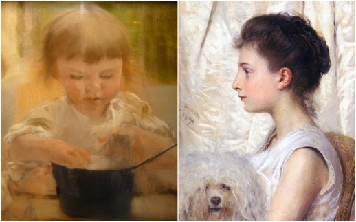 E. Dantan. A gauche: "Henriette avec une casserole bleue" (détail) pastel, fusain, craie blanche, 1894/coll.part./ photo db ©DR - à droite :"Lilie Flint avec Arlette", pastel 1891, photo A.Pedalino © Musée des Avelines- ville de St-Cloud