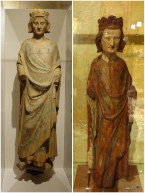 À gauche, moulage (1939) de la statue de saint-Louis du château de Mainneville (1301) Cité de l'Architecture e tdu patrimoine // À droite Statue de St-Louis bois polychrome, châsse des grandes reliques de la Sainte-Chapelle (vers 1300)- Musée de Cluny © db