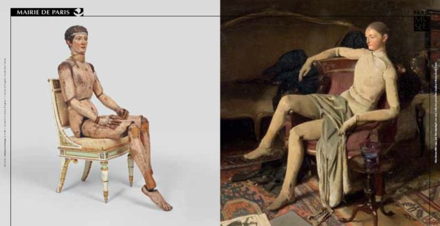 A gauche : Anonyme, Italie, Mannequin néoclassique, vers 1810 Bois et articulations de métal, tête et corps peints à l’huile/Accademia Carrara, Bergame © Comune di Bergamo - Accademia Carrara A droite: Alan Beeton, "Reposing II", vers 1929 Huile sur toile, Collection Particulière, Londres © Beeton Family Estate