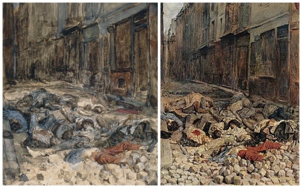 à gauche : Ernest Meissonier, "La barricade1848" © RMN-Grand Palais (Musée d'Orsay) / Michèle Bellot A droite : Ernest MEISSONIER  "La barricade, rue de la Mortellerie, juin 1848,"dit aussi "Souvenir de guerre civile" © RMN/musée du Louvre Salon de 1850 - 1851 