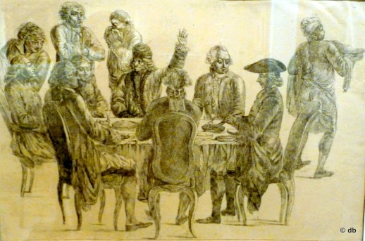 Voltaire, d'Alembert, Condorcet, l'abbé Maury, Rousseau, au café Procope/ eau forte attribuée à Jean Huber © musée Canavalet/photodb