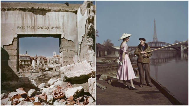 Un ancien magasin près de la Porte de Jaffa, Jérusalem, Israël 1949 - Un mannequin habillé en Dior sur les quais de la Seine, Paris 1948 © Robert Capa/International Center of Photography /Magnum Photos 