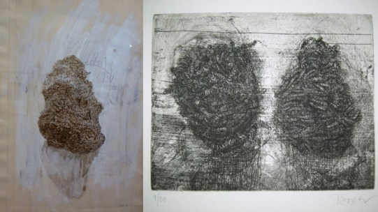 "Éponges métalliques", dessin encre de chine, gouache sur papier, 2010, photo db// gravure sur métal, 2007 © Devorah Boxer